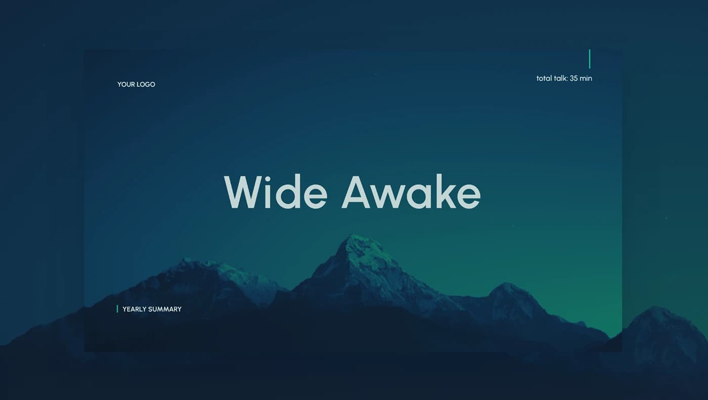 Wide Awake yearly summary presentation with mountain landscape