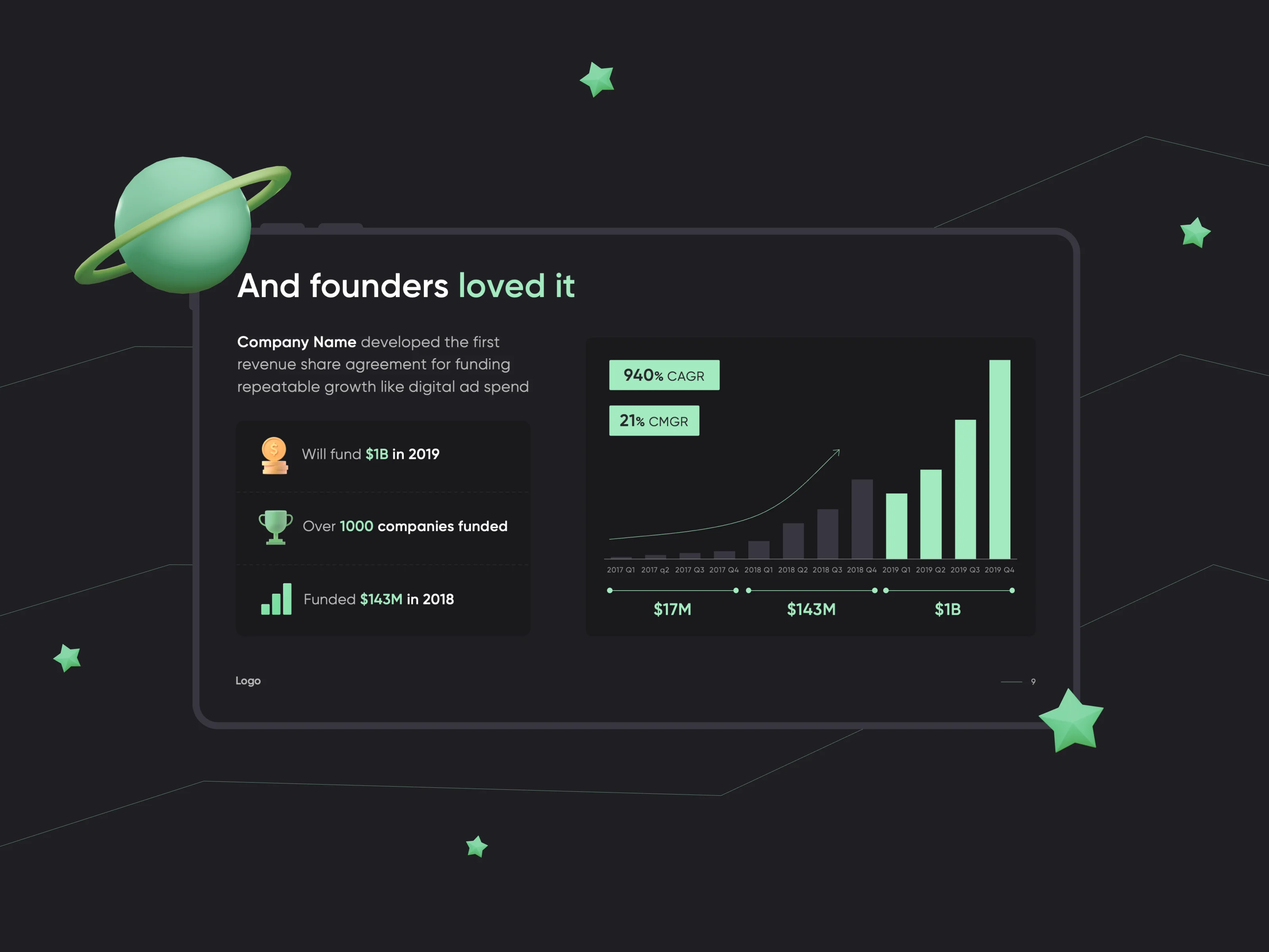 Finance pitch deck with growth chart and metrics